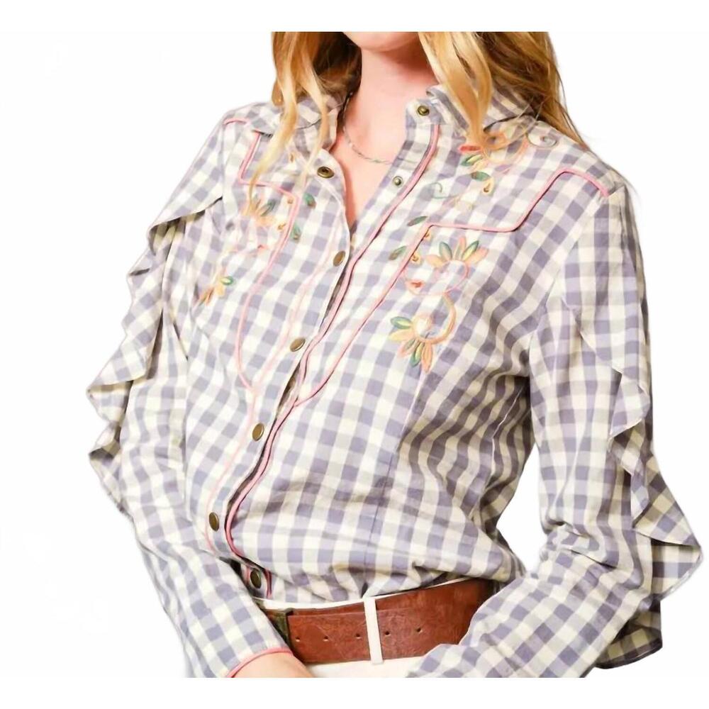 NEW BLUE B gingham embroidered western snap top in ivory/ grey multi